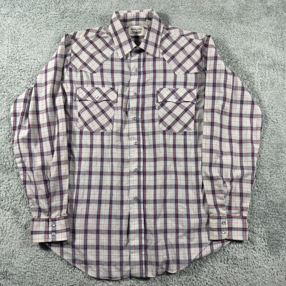 VTG Levi's Western Snap Shirt Paper Thin Men Large White Plaid Pearl Snap LS